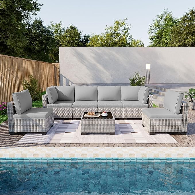 7-Piece Patio Furniture Set, Outdoor Sectional with Thick Cushions, Modular Patio Sofa, Dual-Strand Wicker Rattan, Rust-Resistant Frame, Backyard Furniture for Garden, Deck, Grey