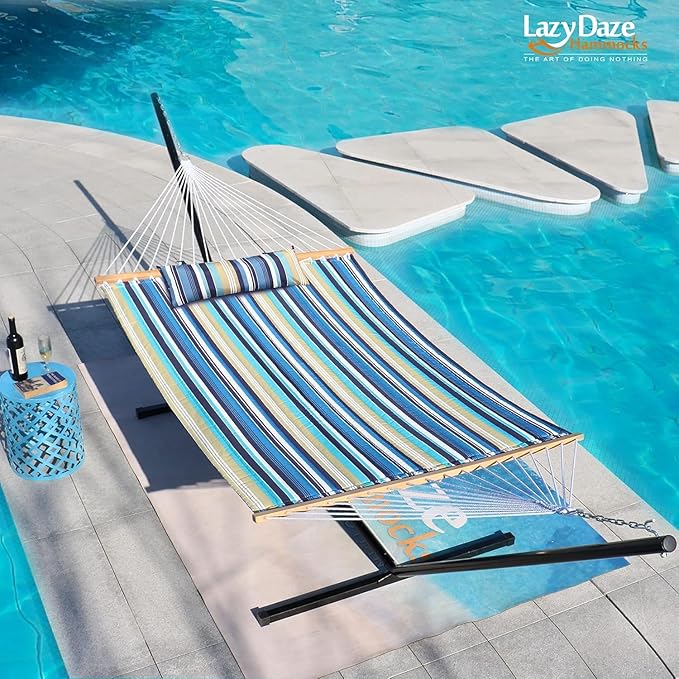 Lazy Daze Hammocks 12 FT Quilted Fabric Double Hammock with Spreader Bars and Detachable Pillow, 450lbs Weight Capacity, Beaches Stripe
