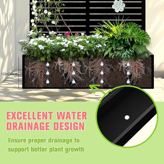 Metal Planter Box with Trellis, Raised Garder Bed with Drainage Hole, Privacy Screen & Trellis for Climbing Plants, Plant Stands, 47''L×17''W×71''H, Black