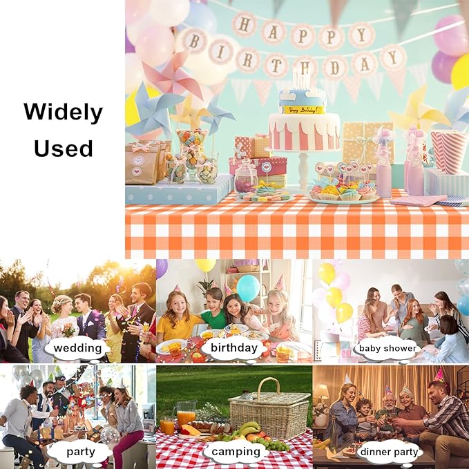 2 Pack Orange and White Checkered Tablecloth, Plastic Table Cloths for Parties Disposable, 54x108 in Waterproof Rectangular Gingham Camping Tablecloth for Birthday, Party, Baby Shower