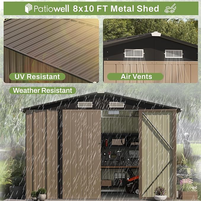 Patiowell 8x10 FT Outdoor Storage Shed with Floor Frame, Large Garden Tool Metal Shed with Sloping Roof and Double Lockable Door, Outdoor Shed for Backyard Garden Patio Lawn,Brown