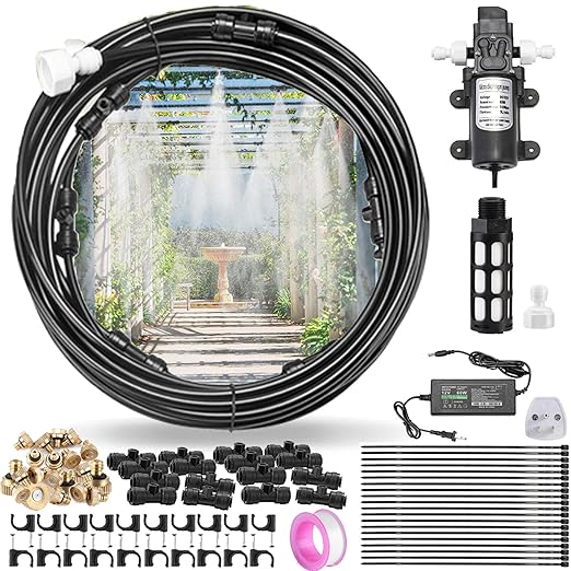 CozyCabin Outdoor Misting Cooling System with Pump - 40ft (12m) Misting Line with Filter + 6 Brass Mist Nozzles (3/4") for Patio Garden Greenhouse Watering Distribution System (12m (40ft))