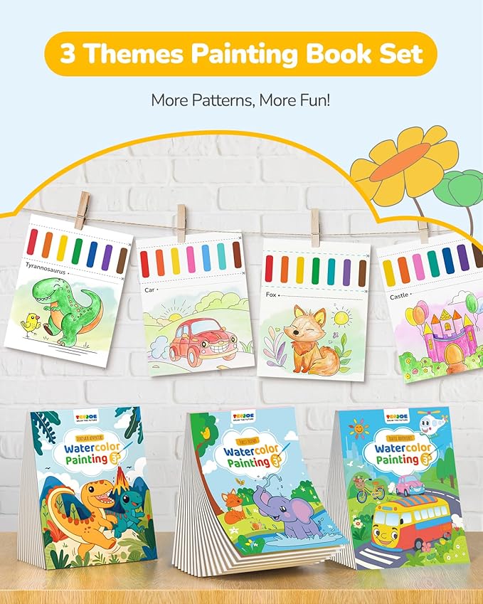 TECJOE 3 Pack Paint with Water Coloring Books for Toddlers, Watercolor Paint Set with 6 Brushes, Mess Free Painting for Kids Ages 4-8, Birthday Gifts Arts & Crafts Toy - Traffic, Forest, Dinosaur