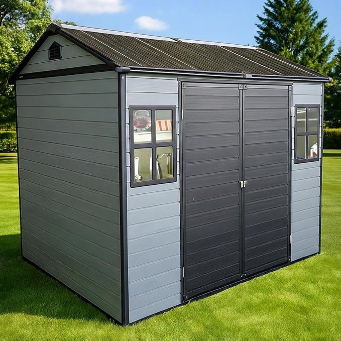 8x6ft Resin Outdoor Storage Shed with Floor and 2 Windows, Plastic Sheds & Outdoor Storage Clearance for Patio Furniture, GardenTools, Bike Accessories and Lawn Mower, Black+Grey