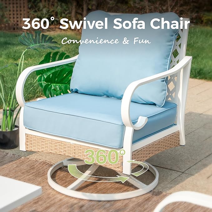 6 Piece Patio Furniture Set, 2 x Fixed Chair, 2 x Swivel Chair, 1 x 3-Seat Sofa with Marbling Coffee Table, All Cushioned 7 Seats Outdoor Conversation Set for Lawn Garden Backyard, Blue