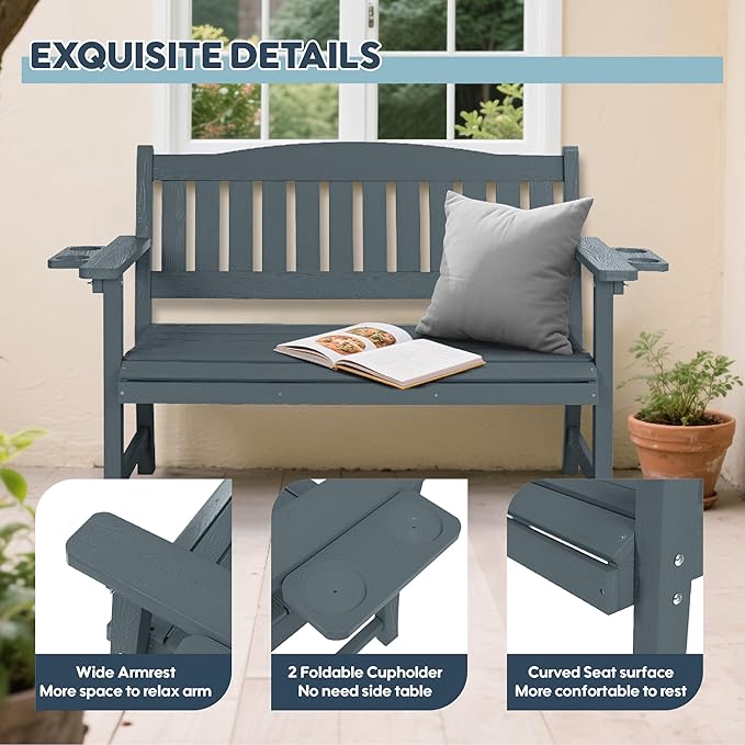 2-Person HIPS Outdoor Bench, Weatherproof Garden Bench with 800 lbs Weight Capacity, Artificial Wood Grains, Never Rot or Fade, Patio Benches for Garden, Porch, Balcony, Backyard,Park, Grey