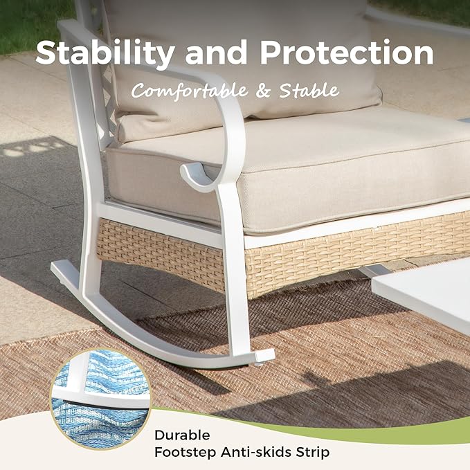 4 Piece Patio Furniture Set, 2 x Rocking Chair, 1 x 2-Seat Sofa with Marbling Coffee Table, All Cushioned 4 Seats Outdoor Conversation Set for Lawn Garden Backyard, Beige