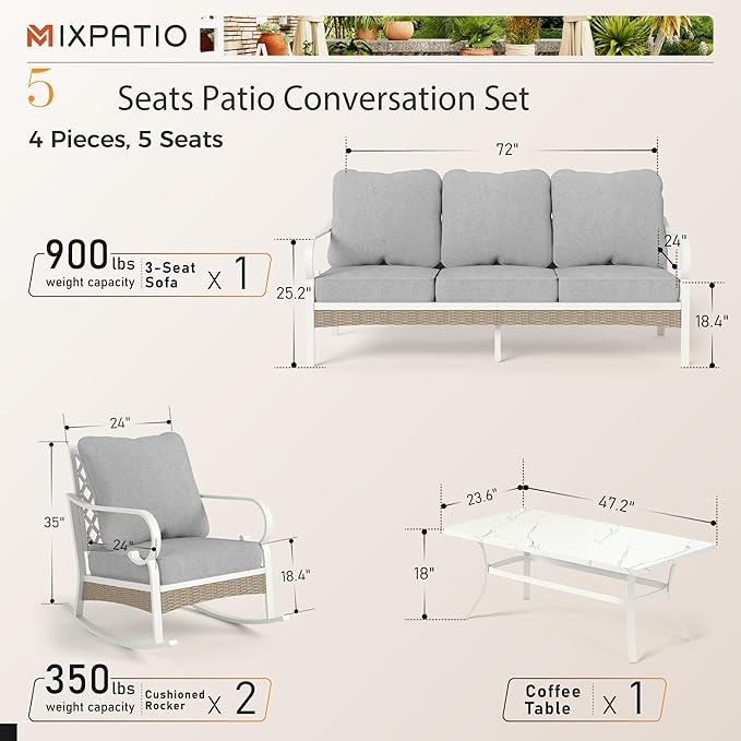 4 Piece Patio Furniture Set, 2 x Rocking Chair, 1 x 3-Seat Sofa with Marbling Coffee Table, 5 Seats Outdoor Conversation Set for Lawn Garden Backyard, Light Gray