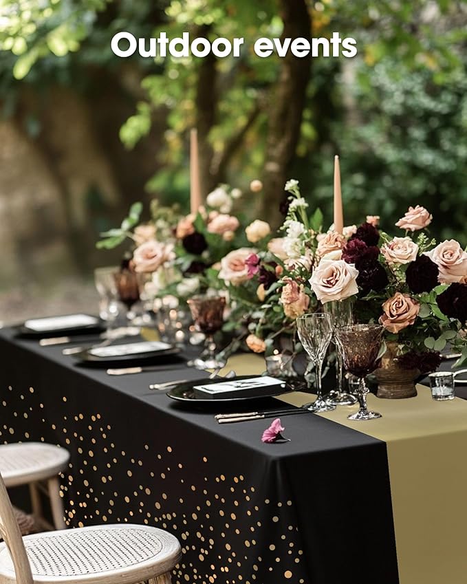 Pureegg Plastic Table Cloth Disposable 8 Pack, 54 x 108 Inch, Table Runner Style, Graduation Decorations 2025, Party Tablecloths, Rectangle, Plastic Cover, Leakproof & Sturdy, Black Gold