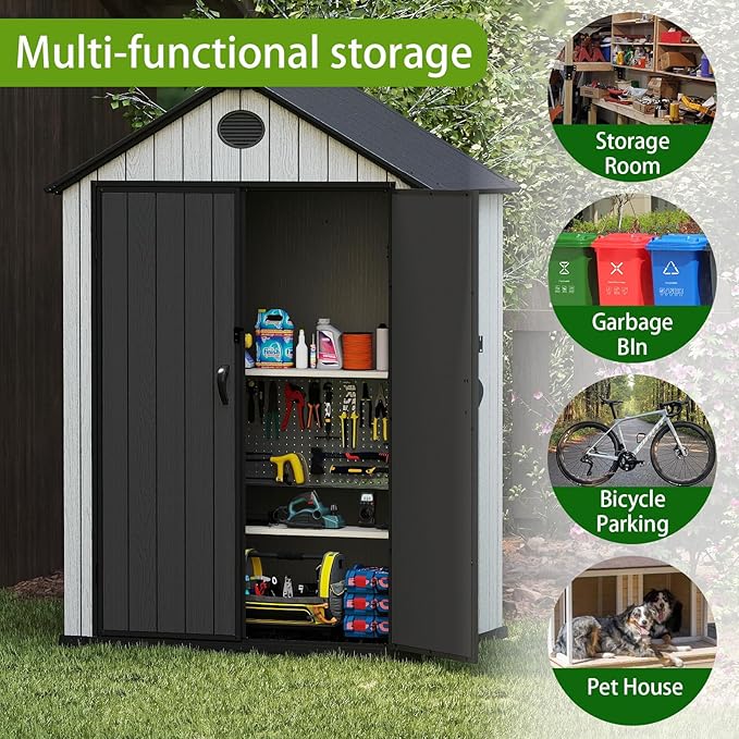 6x4 FT Resin Storage Shed,Lockable Door, and Vents for Garden, Backyard, Patio, Lawn,Grey Black
