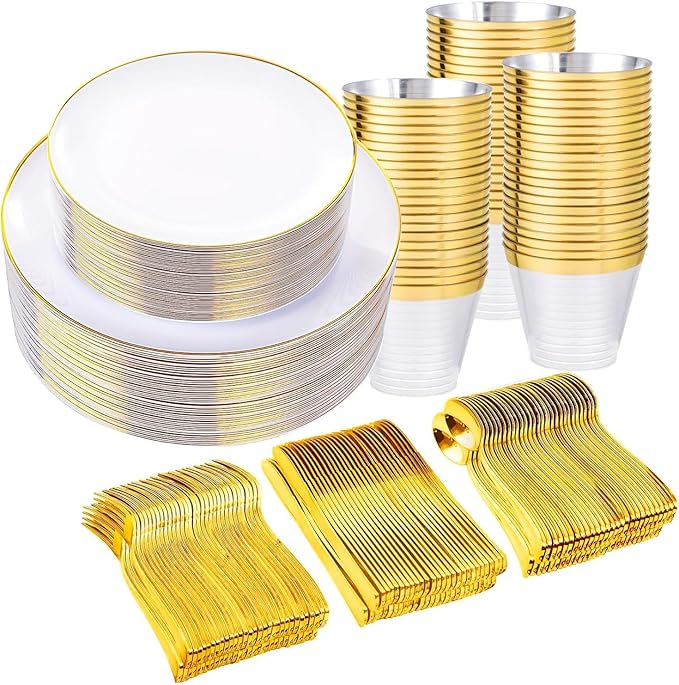 WELLIFE 600PCS White and Gold Plastic Dinnerware Set - Includes 100 Dinner Plates, 100 Dessert Plates, 300 Plastic Cutlery, 100 Cups - Perfect for 100 Guests, Weddings & Parties