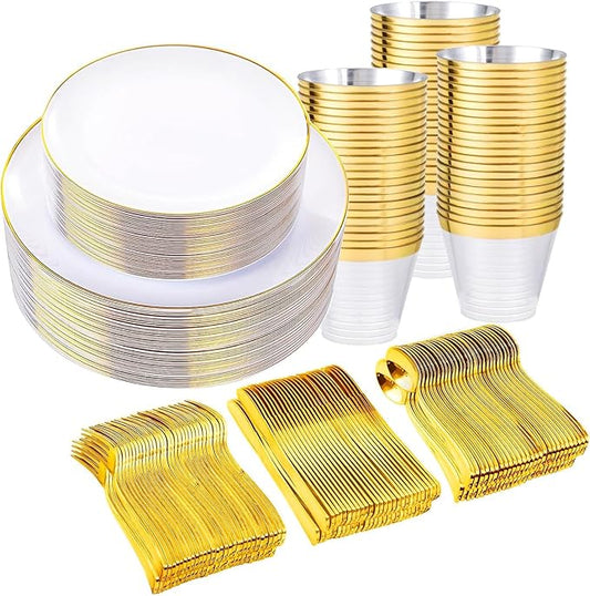 WELLIFE 600PCS White and Gold Plastic Dinnerware Set - Includes 100 Dinner Plates, 100 Dessert Plates, 300 Plastic Cutlery, 100 Cups - Perfect for 100 Guests, Weddings & Parties