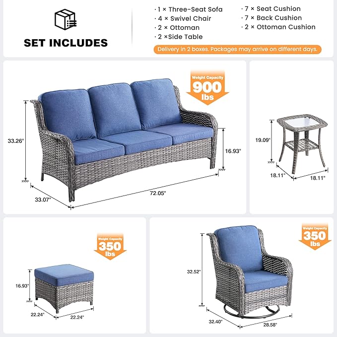 ovios 9 Pieces Patio Furniture Set, Outdoor Wicker Sofa Couch with Swivel Chairs Ottomans Comfy Cushions, All Weather High Back Modern Conversation Sets, Grey Rattan, Denim Blue