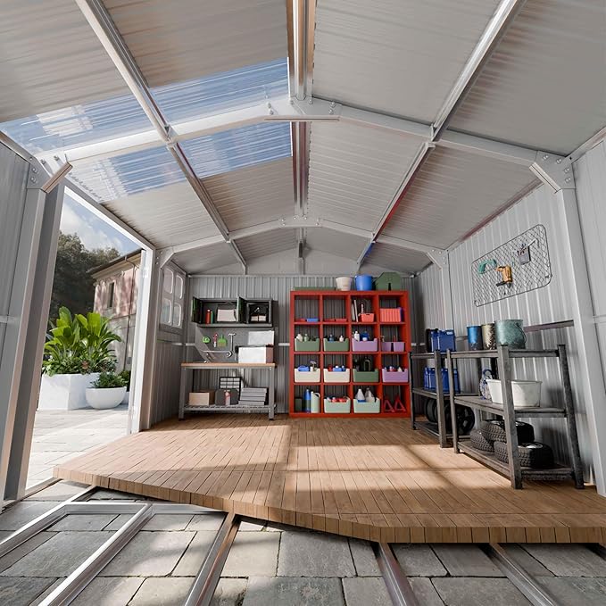 Metal shed 12x10 FT with Floor Kit, Outdoor Storage, Heavy-Duty Garden Sheds with Customizable Skylight & Reinforced Steel Frame, Weatherproof Galvanized Tool Tiny House for Backyard, Patio, and Lawn