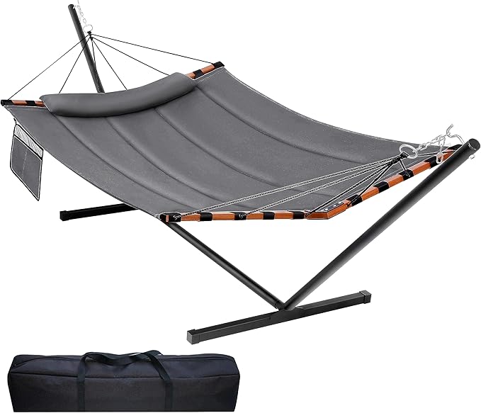 TegerDeger 12FT 2 Person Hammock with Stand Included 55 x 79IN Large Hammock 450LB Capacity with Hardwood Spreader Bar & Nylon Rope for Outside, Patio, Garden, Backyard, Beach, Poolside - Gray