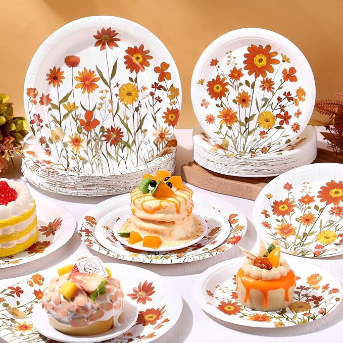 Mumufy 100 Pack Fall Floral Paper Plates 9" & 7" Disposable Autumn Orange Wildflower Cake Dessert Plates Watercolor for Dinner Harvest Wedding Baby Shower Birthday Fall Tea Party Decoration Supplies