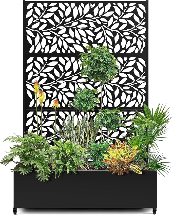 15.7"×70.9"×47.2" Metal Raised Garden Bed with Trellis and Wheels - Tall Trellis Planter Box for Climbing Plants, Vegetables & Vines - Outdoor Privacy Planters for Patio (Black)