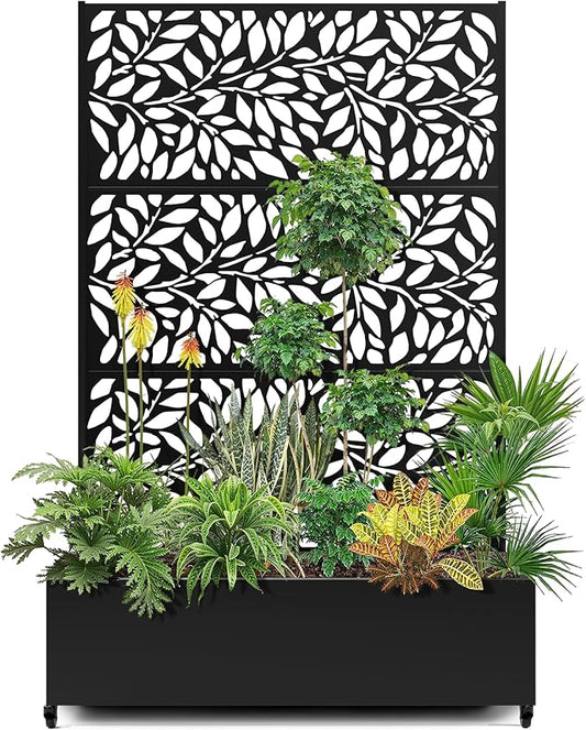 15.7"×70.9"×47.2" Metal Raised Garden Bed with Trellis and Wheels - Tall Trellis Planter Box for Climbing Plants, Vegetables & Vines - Outdoor Privacy Planters for Patio (Black)