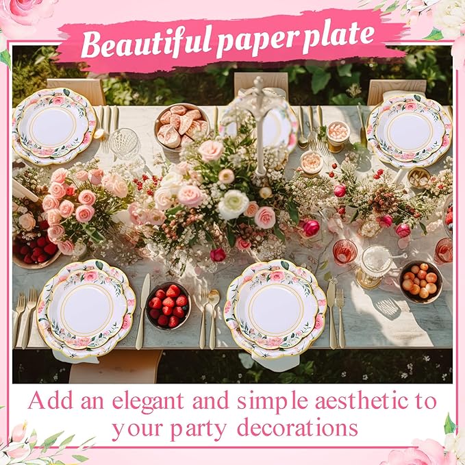 Mumufy 100 Pack Pink Floral Paper Plates 9" & 7" Disposable Wildflower Dessert Plates Floral Party Decoration Dinner Tableware for Wedding Birthday Baby Shower Bridal Garden Tea Party Supplies