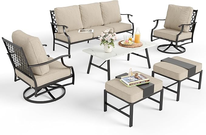 Patio Furniture Set 6 pcs, Outdoor Patio Furniture, 3-Seat Sofa, 2 Swivel Chairs, 2 Ottomans, Coffee Table and 5.75" Extra Thick Cushion, Patio Conversation Set,Beige