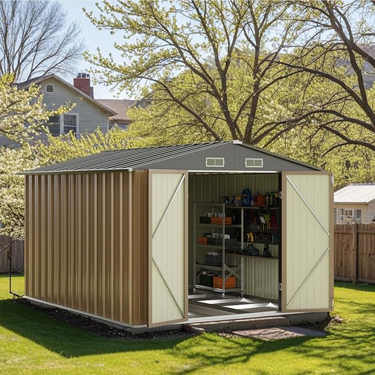 Patiowell 8x10 FT Outdoor Storage Shed with Floor Frame, Large Garden Tool Metal Shed with Sloping Roof and Double Lockable Door, Outdoor Shed for Backyard Garden Patio Lawn,Brown