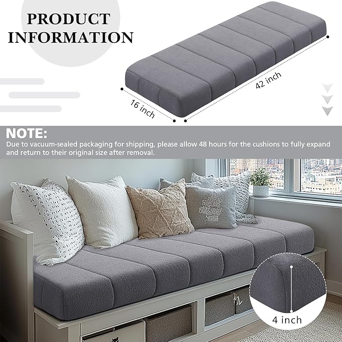 Wenqik Bench Cushion 42x16x4 Inch for Indoor Outdoor Furniture Tufted Thicken Bay Window Seat Cushion Non Slip Waterproof Dining Piano Bench Pad Pillow Anti Cat Scratch for Patio Porch Swing, Gray