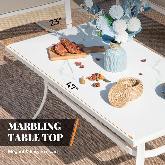 6 Piece Patio Furniture Set, 4 x Fixed Chair, 1 x 3-Seat Sofa with Marbling Coffee Table, All Cushioned 7 Seats Outdoor Conversation Set for Lawn Garden Backyard, Beige