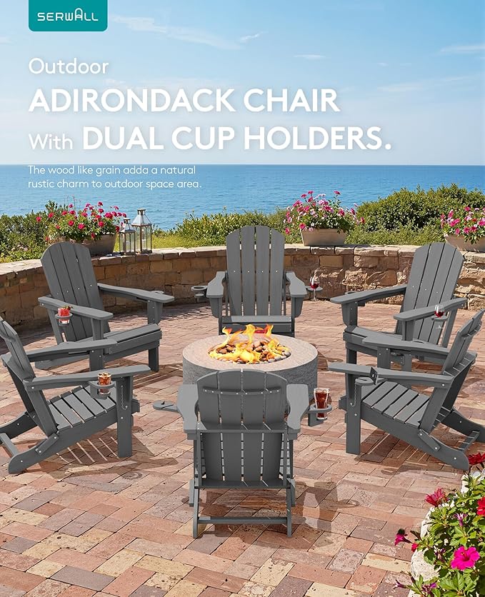 SERWALL Folding Adirondack Chair, Dual Cup Holders & All-Weather HDPE, Wood-Like Patio Chair for Backyard, Camping，Pool & Fire Pit- Grey