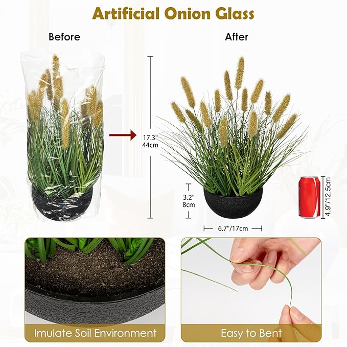 Artificial Plants Indoor with Pot, 17.3" Fake Potted Plants Artificial Onion Grass Plant with Coffee Dog Tail Grass Small Faux Plant Indoor for Home Living Room Table Shelf Decor