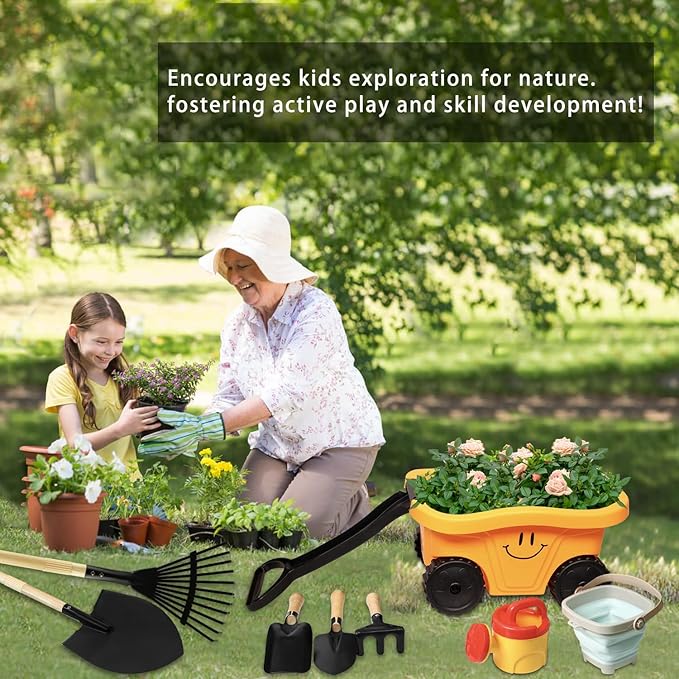 Kids Wagon with Beach and Garden Tools Set, Kids Shovel for Digging, Rake, 8PCS Gardening Outdoor Toys for Ages 3-4