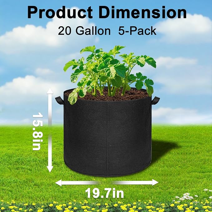 5-Pack 20 Gallon Grow Bags, Large Nonwoven Fabric Pots with Handles for Planting Fruits, Vegetables, Flowers Indoor Outdoor