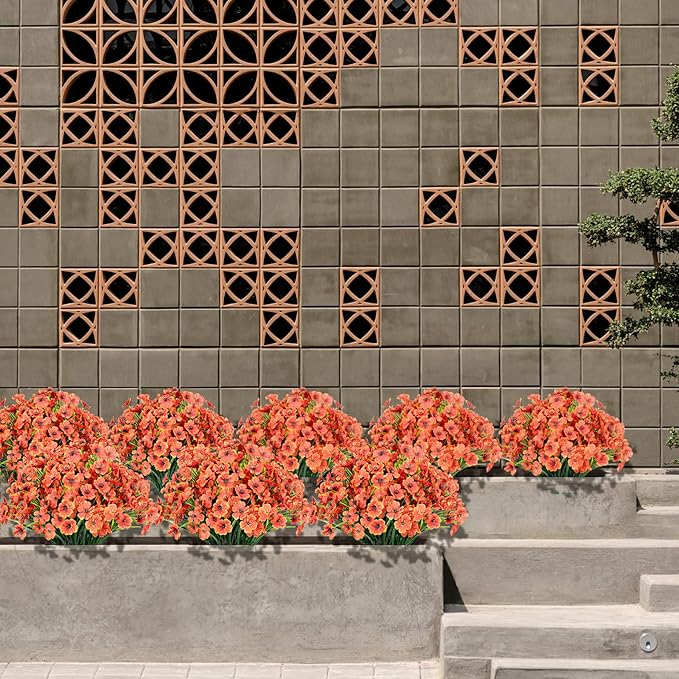 15 Bundles Artificial Flowers Outdoor UV Resistant Fake Silk Plants Plastic Faux Shrubs Outside Front(Orange)