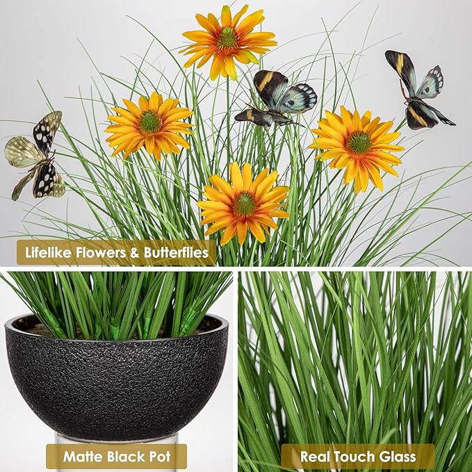 Artificial Plants Indoor with Pot, 17.3" Fake Potted Plants Artificial Onion Grass Plant with Yellow Daisies Flowers and Butterflies Small Faux Plant Indoor for Home Living Room Table Shelf Decor