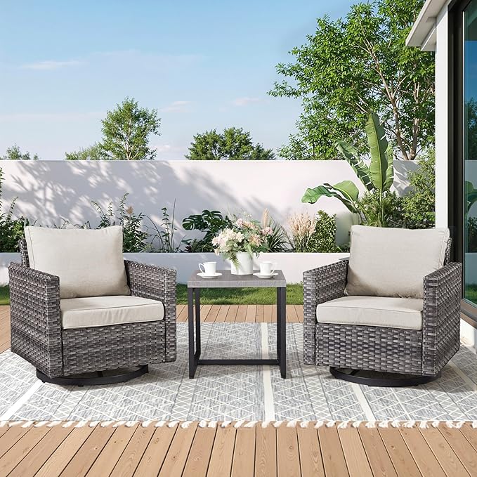 Outdoor Swivel Rocker Patio Chairs-3 Pieces Wicker Swivel Patio Chairs Set of 2 with Matching Side Table, Thick Cushions High Back Outdoor Furniture Set for Deck Porch Balcony(Grey/Beige)