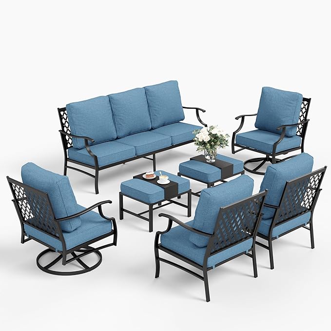7 Piece Metal Outdoor Patio Furniture Set, Patio Conversation Sets 1 3-seater Sofa, 2 Fixed Chairs, 2 Swivel Chairs, 2 Ottomans with 5.75" Thick Cushion, Black Backyard Furniture, Navy
