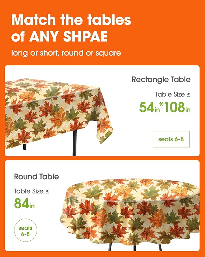 Pureegg Plastic Table Cloth Disposable 8 Pack, 54 x 108 Inch Table Cloths, Thanksgiving Decorations, Harvest Party, Fall Tablecloths, Rectangle Tables, Leakproof & Sturdy, Autumn Maple