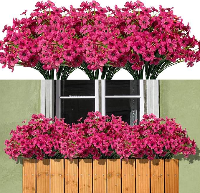 15 Bundles Artificial Flowers Outdoor UV Resistant Fake Silk Plants Plastic Faux Shrubs Outside Front Porch Window Box Garden Home Hanging Planter Decoration (Fuchsia)