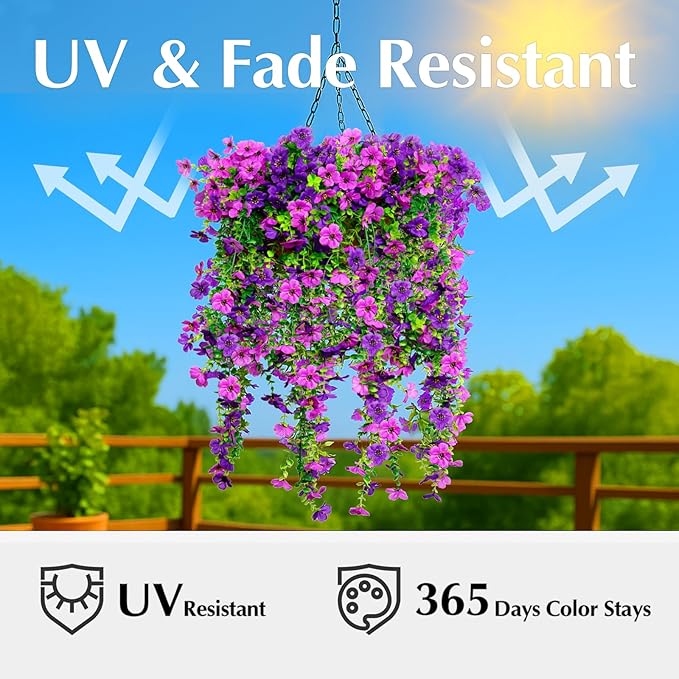 8PCS Artificial Hanging Flowers for Outdoors,Hanging Outdoor Faux Plants,UV Resistant Fake Flowers for Outdoor Planters,Realistic Fake Plants Spring Decor for Porch,Patio,Yard (DoublePurple)