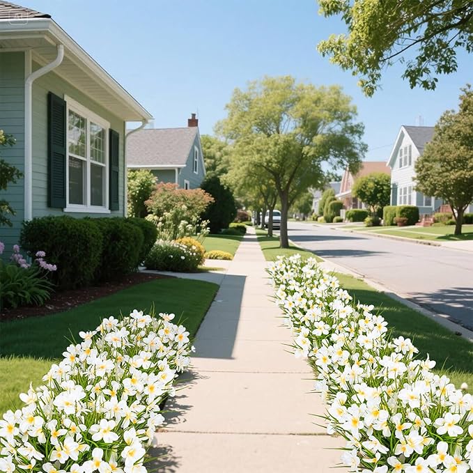 Ouddy Decor 12 Bundles Artificial Flowers for Outdoors Decoration, Fake Freesia Silk Flowers UV Resistant Artificial Plants for Summer Indoor Outside Garden Wedding Farmhouse Porch Home Decor, White