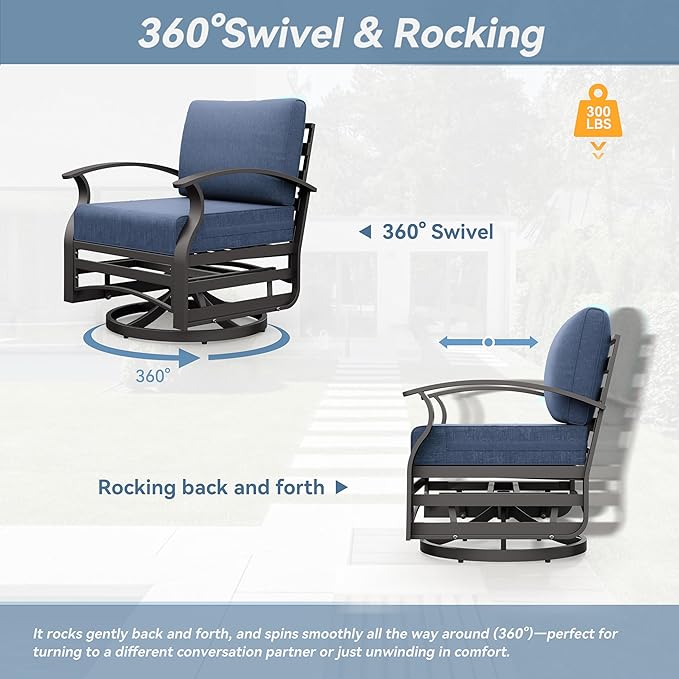 Kurapika 5 Piece Modern Metal Outdoor Conversation Sets, Patio Furniture Set, 4 Aluminum Swivel Chairs w/48in Round Propane Fire Pit Table and Thickened Cushions, Navy Blue