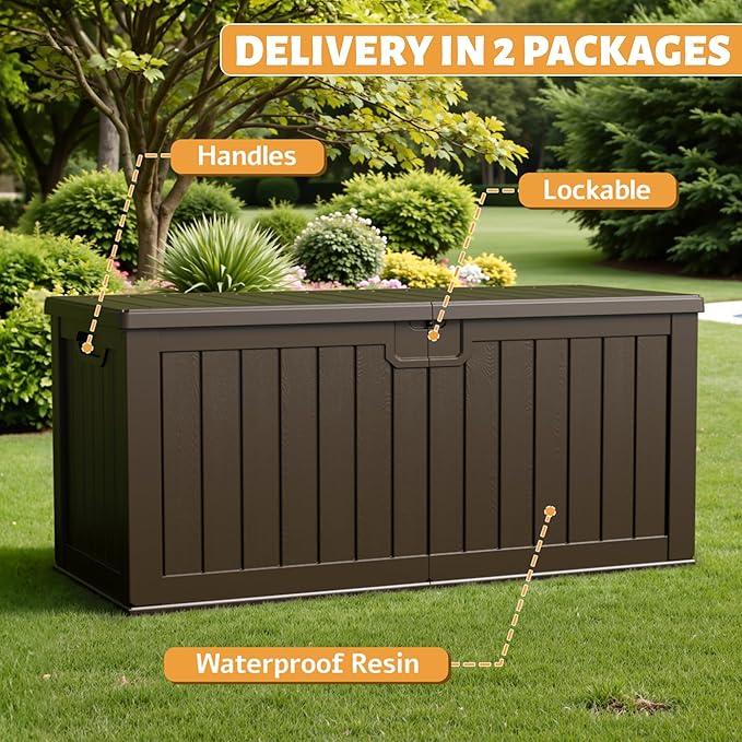 Flamaker Resin Deck Box 250 Gallon, Waterproof Imitation-Wood Lockable Storage Box with Separator Plate Outdoor Indoor, Garden, Patio Furniture for Tools&Pool Accessories (Deep Brown)