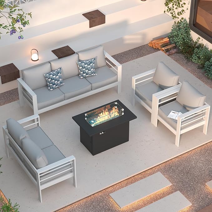 Patio Furniture Set with Fire Pit Table, Aluminum Patio Furniture Set,White Outdoor Metal Sectional Sofa with Aluminum Fire Pit Table for Garden Backyard (Include Waterproof Cover)