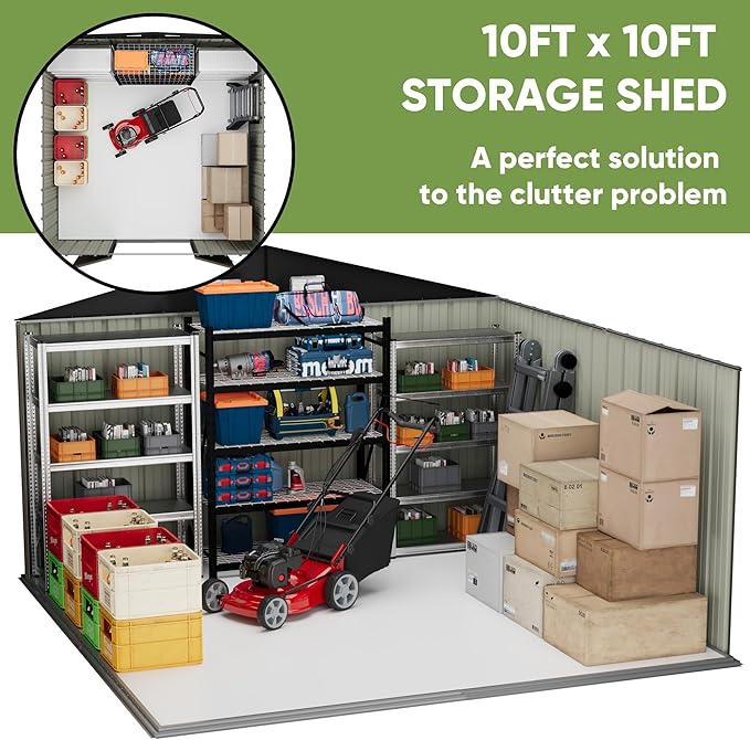 Patiowell 10 x 10 FT Outdoor Storage Shed with Floor Frame, Metal Yard Shed with Design of Lockable Doors, Utility and Tool Storage for Garden, Patio, Backyard, Outside use, Brown