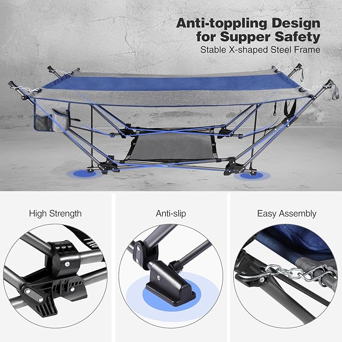 RedSwing Portable Folding Hammock with Stand,Fold Up Hammock with Removable Canopy,Pillow and Storage Net,Foldable Camping Hammock for Adults for Outdoor,Backyard,Beach,Garden,Lawn