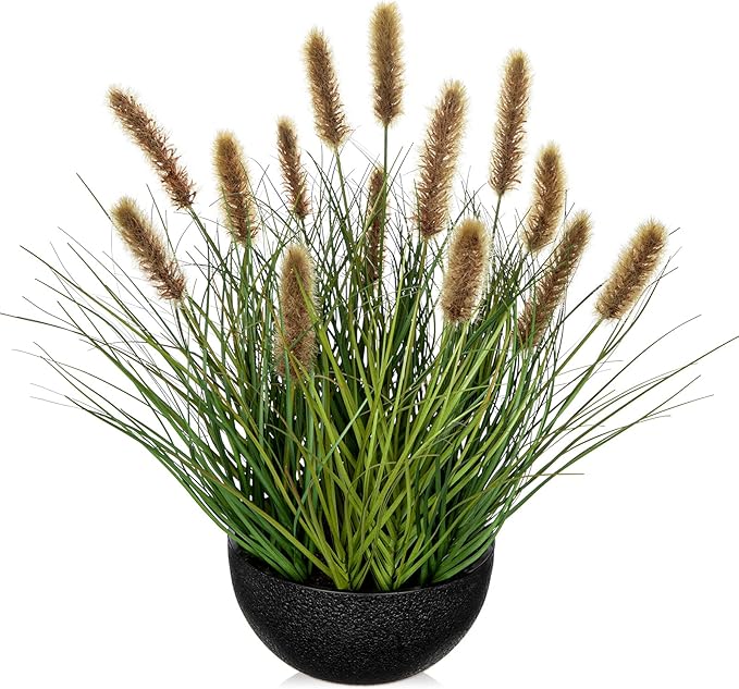 Artificial Plants Indoor with Pot, 17.3" Fake Potted Plants Artificial Onion Grass Plant with Brown Dog Tail Grass Small Faux Plant Indoor for Home Living Room Table Shelf Decor