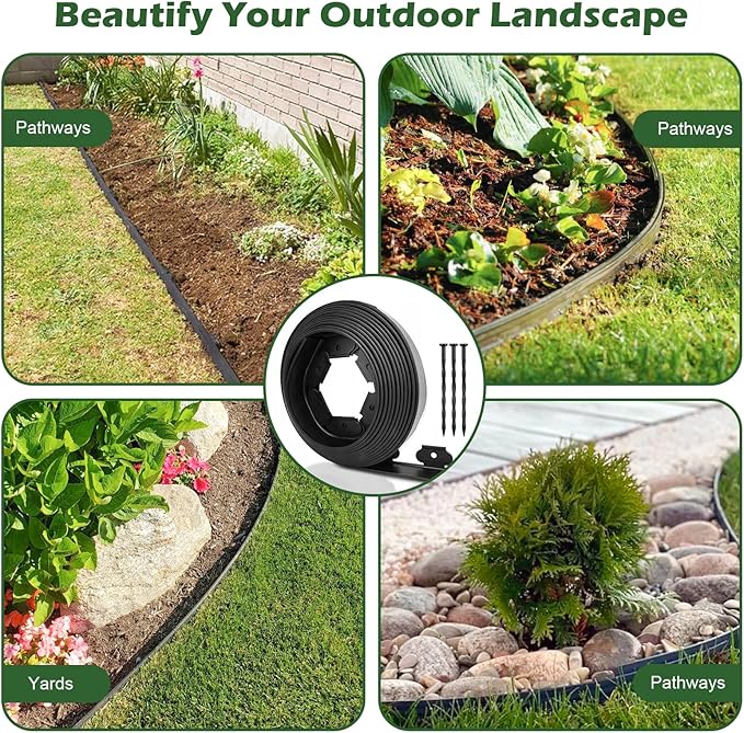 4 in Tall Landscape Edging, 40FT Plastic Garden Border Edging with 60 Anchoring Spikes, Landscape Edging Kit for Garden, Flower Beds and Lawn (Black, 4In x 40FT)