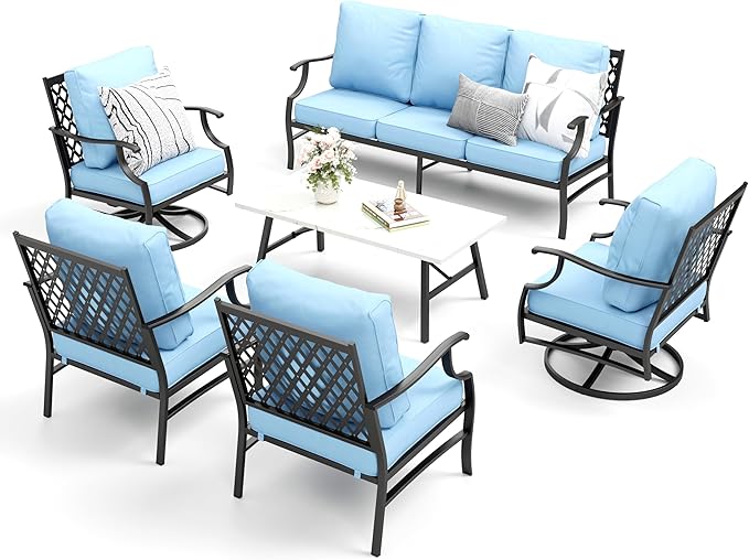 Patio Furniture Set 6 pcs, Outdoor Patio Furniture, 1 X 3-Seat Sofa, 2 X Single Chairs, 2 X Swivel Chairs, 1 X Coffee Table and 5.75" Extra Thick Cushion, Patio Conversation Set,Blue