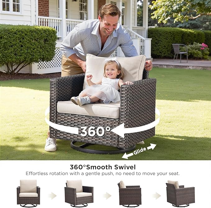 Wicker Swivel Rocker Patio Chairs-High Back Outdoor Swivel Chairs Set of 2 with Thickened Cushions Wide Armrest All Weather Patio Furniture Set for Deck Porch Balcony(Brown/Beige)