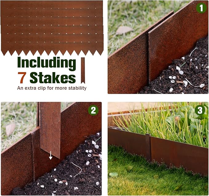 Worth Garden 6 Pack Pre-Rusted Cor-Ten Steel Landscape Edging - 40" L x 5.5" H Each (20ft Total) - No-Dig Hammer-in Heavy Duty 14-Gauge Metal Border w/ 7 Clips & Gloves - Edge for Lawn Yard