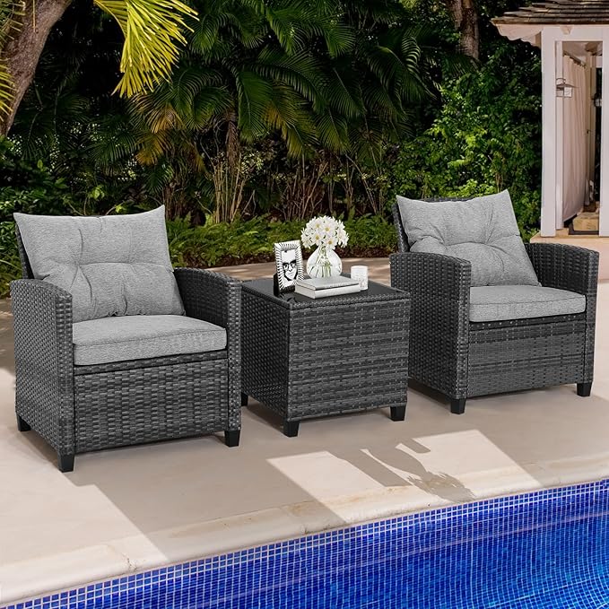 HAPPYGRILL 3 Pieces Patio Conversation Set, Outdoor Furniture Set PE Rattan Sofa Set with Removable Cushions, PE Wicker Chairs with Tempered Glass Side Table for Porch Lawn Garden Balcony Backyard
